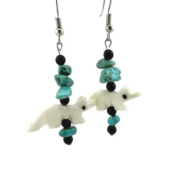 Handmade Upcycled Vintage Faux Turquoise Carved Wolf Fox Dangle Drop Earrings - Picture 3 of 4